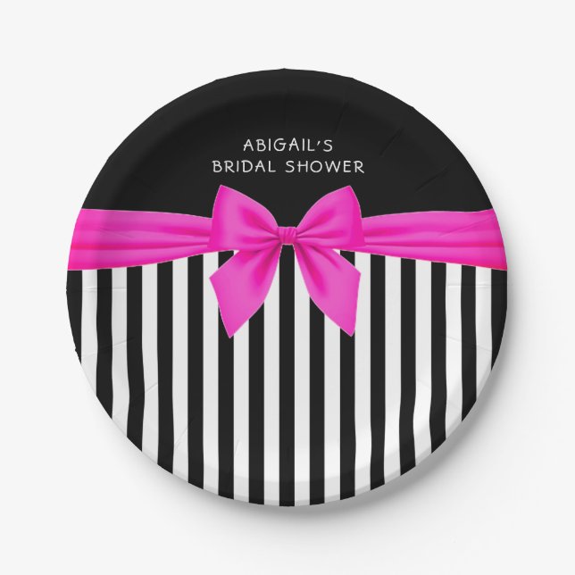Black and white stripes with a hot pink satin bow  paper plate (Front)