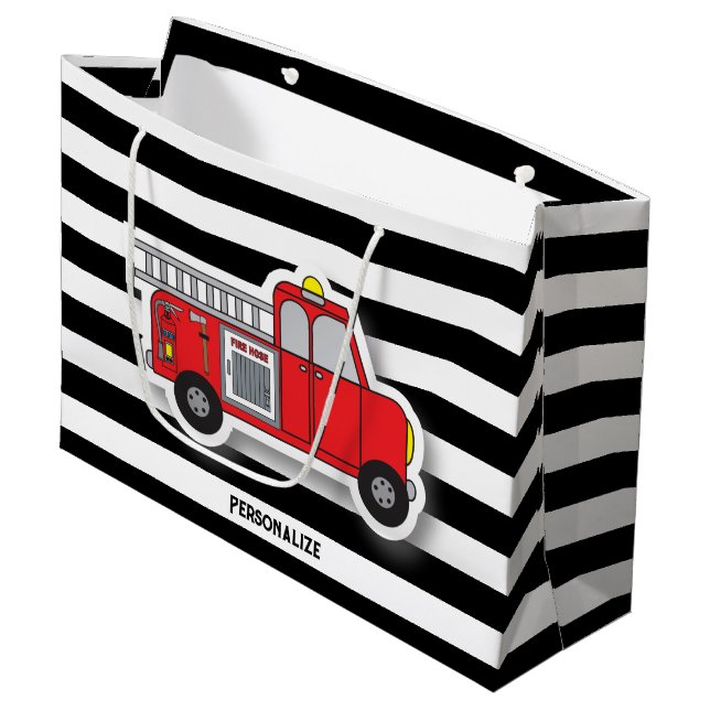 Black and White Stripes with a Red Fire Truck Large Gift Bag (Front Angled)