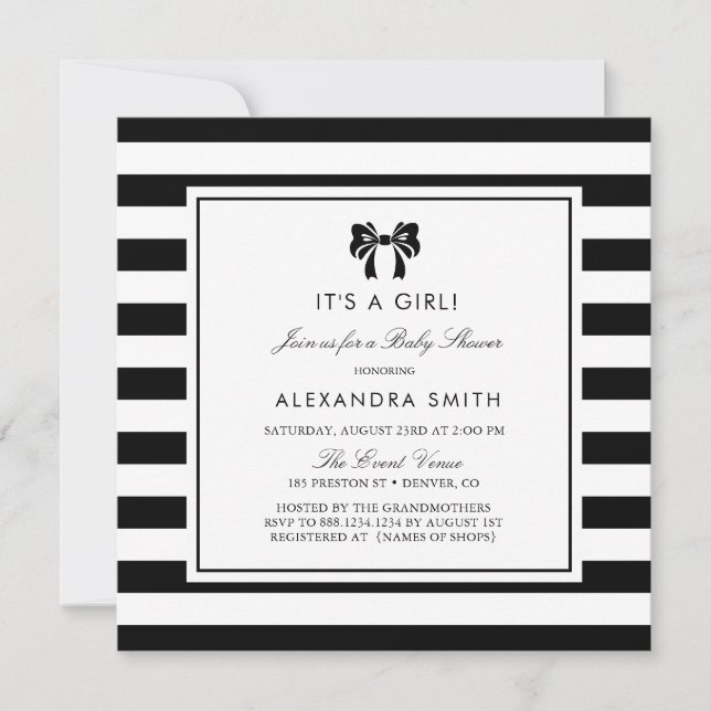 Black and White Stripes with Bow Baby Shower Invitation (Front)