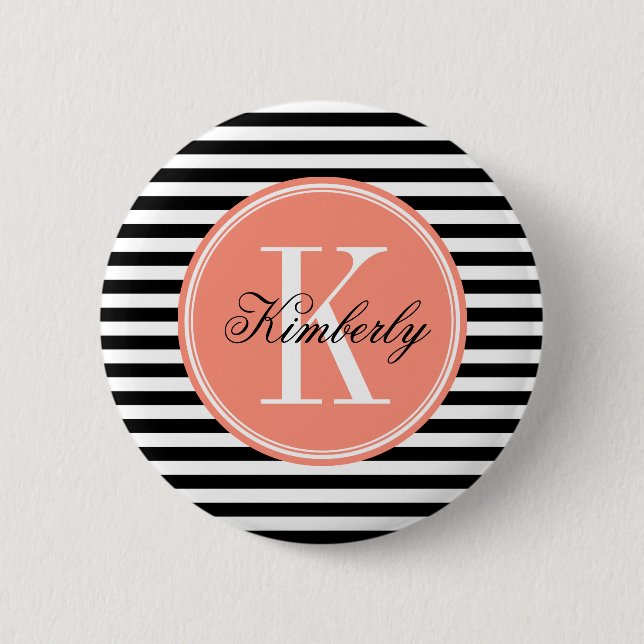 Black and White Stripes with Coral Monogram 6 Cm Round Badge (Front)
