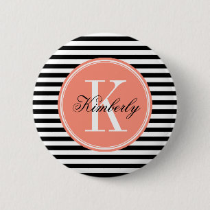 Black and White Stripes with Coral Monogram 6 Cm Round Badge