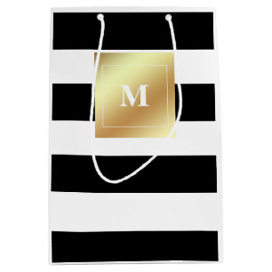 Black and White Stripes with Faux Gold Monogram Medium Gift Bag