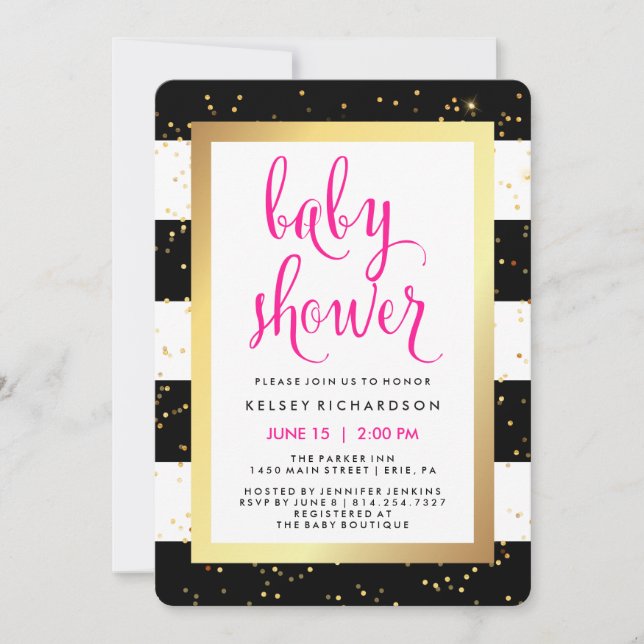 Black and White Stripes with Gold Baby Shower Invitation (Front)