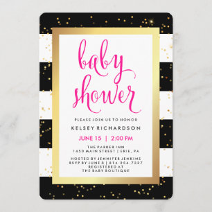 Black and White Stripes with Gold Baby Shower Invitation