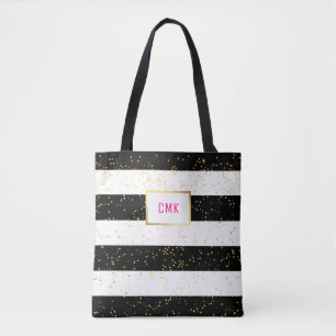 Black and White Stripes with Gold Confetti Tote Bag