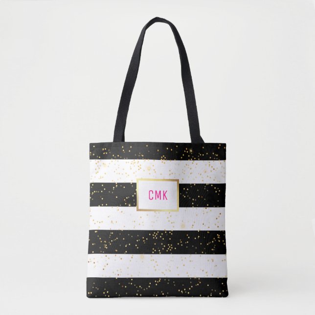 Black and White Stripes with Gold Confetti Tote Bag (Front)