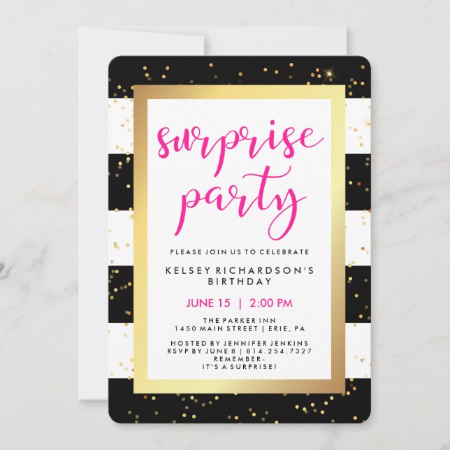 Black and White Stripes with Gold Surprise Party Invitation (Front)
