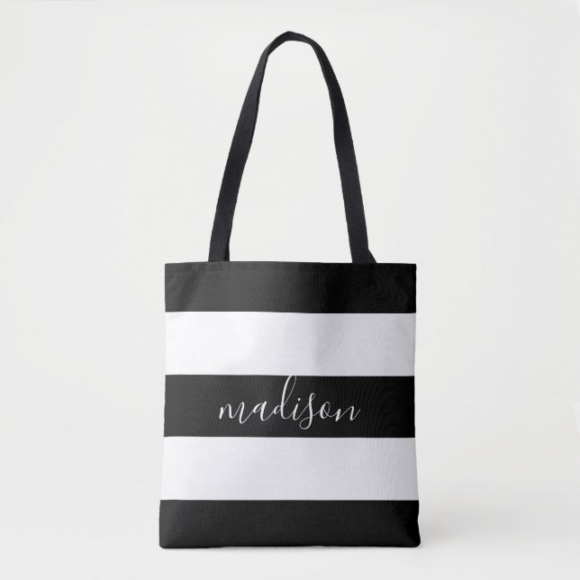 Black and White Stripes with Name Typography Tote Bag (Front)