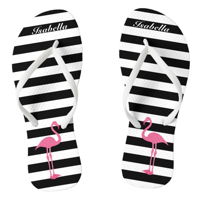 Black and White Stripes with 🦩 Pink Flamingo Flip Flops (Footbed)