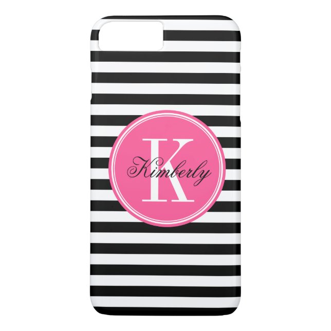 Black and White Stripes with Pink Monogram Case-Mate iPhone Case (Back)