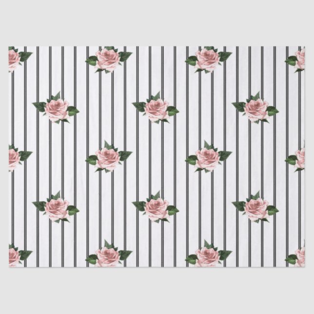 Black and White Stripes with Pink Roses Decoupage Tissue Paper (Front)