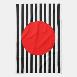 Black and white stripes with red monogram circle tea towel