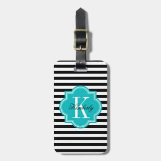 Black and White Stripes with Teal Monogram Luggage Tag