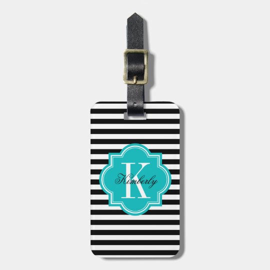 Black and White Stripes with Teal Monogram Luggage Tag