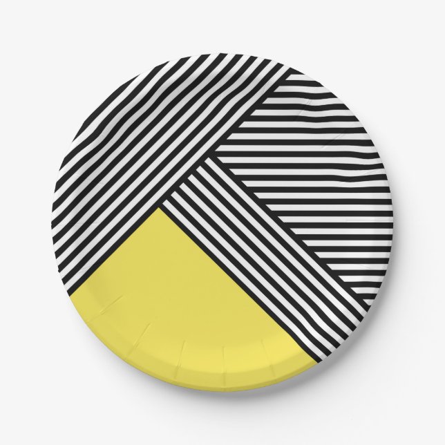 Black and white stripes with yellow triangle  paper plate (Front)