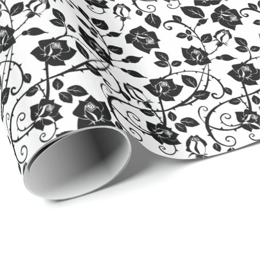 Image of Black And White Stylised Roses Pattern Wrapping Paper