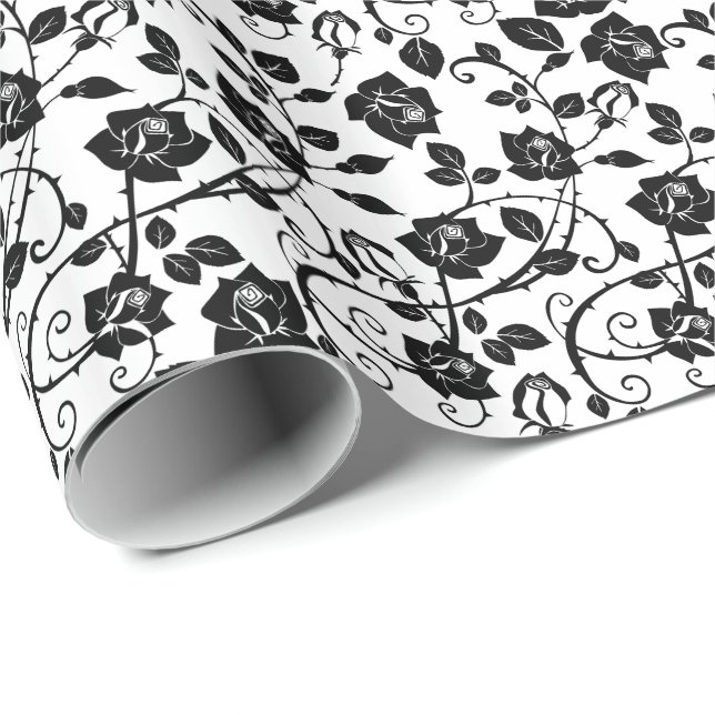 Black And White Stylised Roses Pattern Wrapping Paper (Roll Corner)