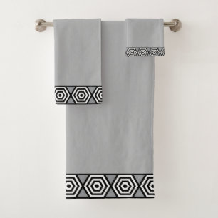 Black and White Stylish Geometric Frame on Grey Bath Towel Set