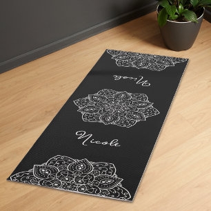 Black And White Stylish Mandala With Custom Name Yoga Mat