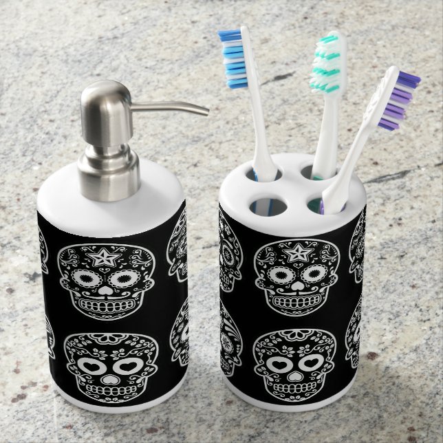 Black and White Sugar Skull Bathroom Set (Front)