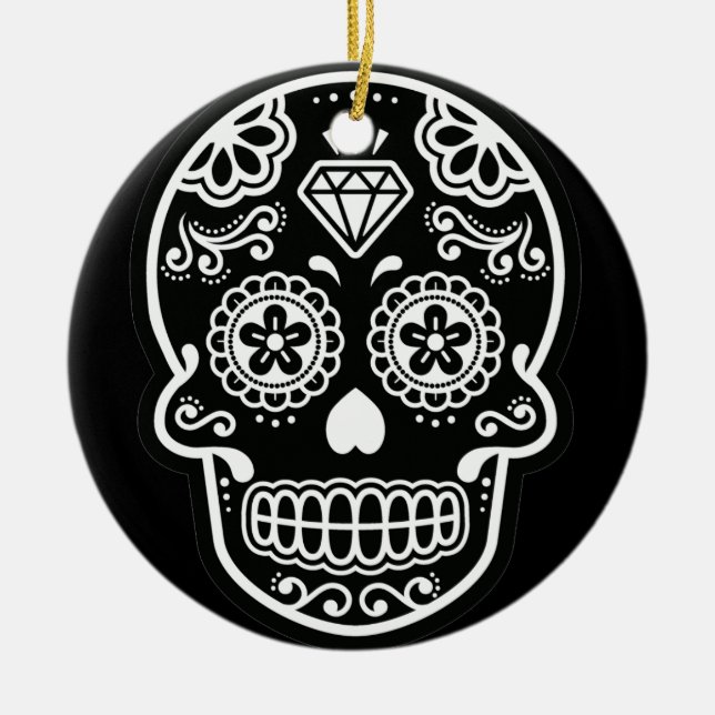 Black and White Sugar Skull Diamond Ornament Round (Front)