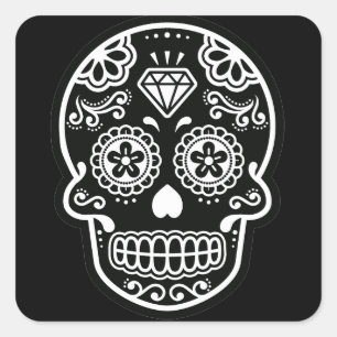 Black and White Sugar Skull Diamond Square Sticker