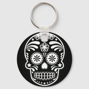 Black and White Sugar Skull Flower Button Keychain