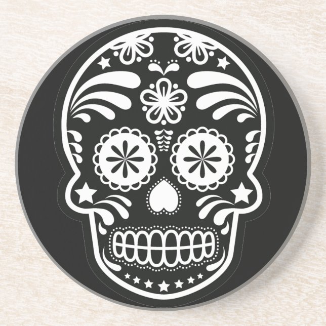 Black and White Sugar Skull Flower Coaster (Front)
