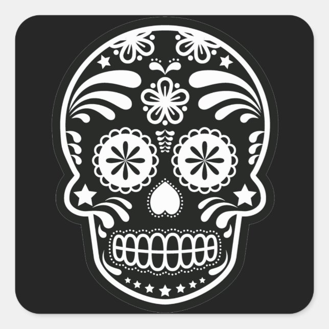 Black and White Sugar Skull Flower Square Sticker (Front)