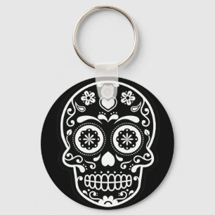 Black and White Sugar Skull Heart Button Keychain