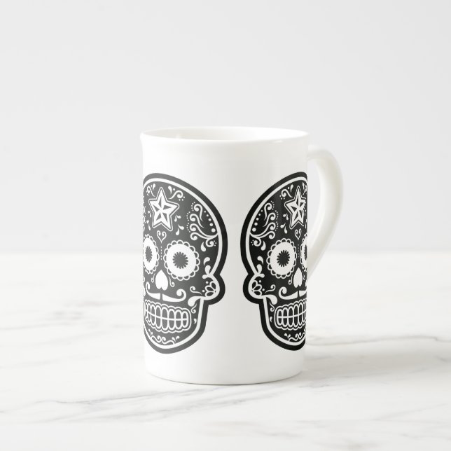 Black and White Sugar Skull Star Bone China Mug (Front Right)