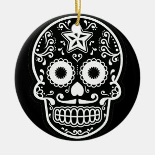 Black and White Sugar Skull Star Ornament Round