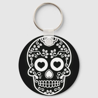 Black and White Sugar Skull Vine Button Keychain