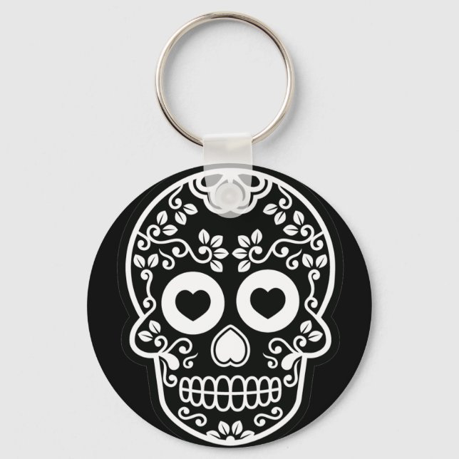 Black and White Sugar Skull Vine Button Keychain (Front)