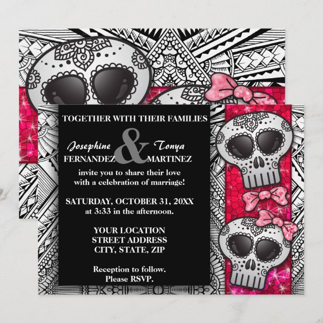 Black and White Sugar Skull Wedding Glitter Invitation (Front/Back)