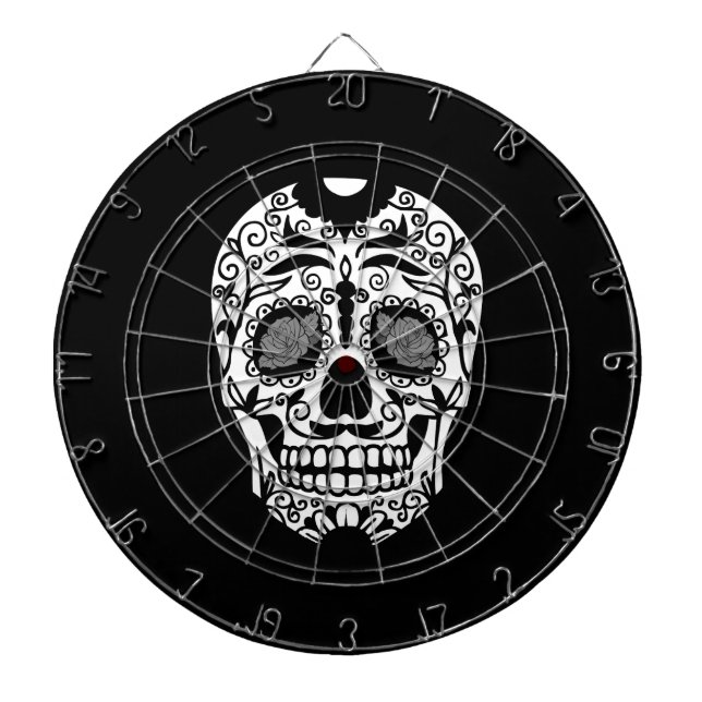 Black and White Sugar Skull With Rose Eyes Dartboard (Front)