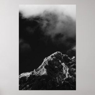 Black and white sun illuminated mountain poster