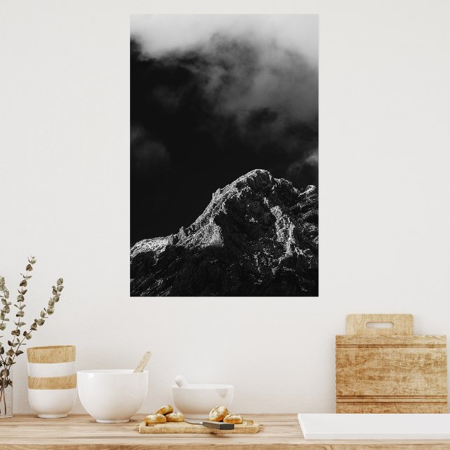 Black and white sun illuminated mountain poster (Kitchen)