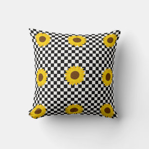 Black and White Sunflower Chequered Flower Pattern Cushion
