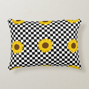 Black and White Sunflower Chequered Flower Pattern Decorative Cushion