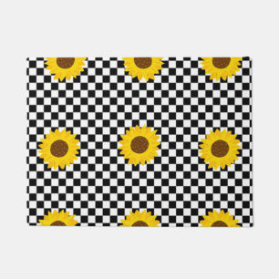 Black and White Sunflower Chequered Flower Pattern Doormat