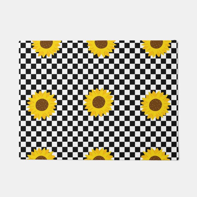 Black and White Sunflower Chequered Flower Pattern Doormat (Front)