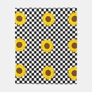 Black and White Sunflower Chequered Flower Pattern Fleece Blanket