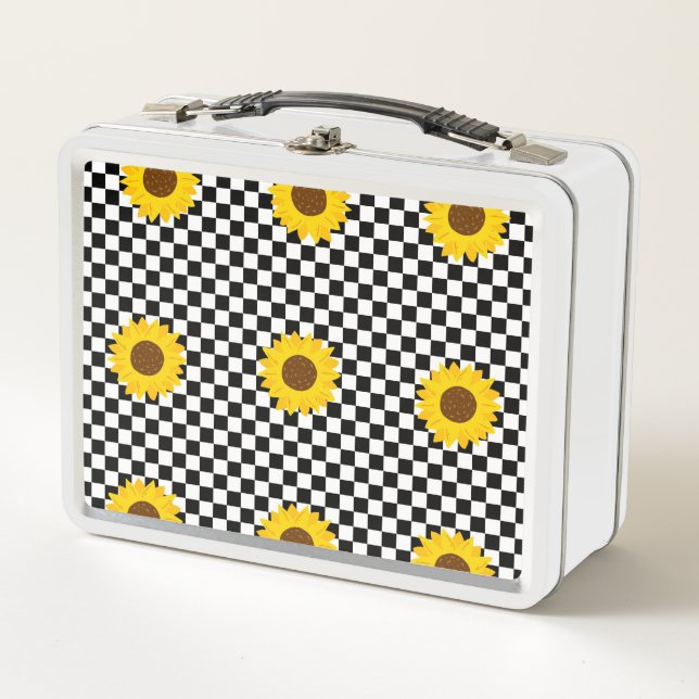 Black and White Sunflower Chequered Flower Pattern Metal Lunch Box (Front)
