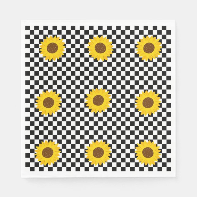Black and White Sunflower Chequered Flower Pattern Napkin (Front)