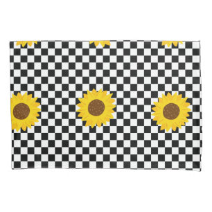 Black and White Sunflower Chequered Flower Pattern Pillowcase