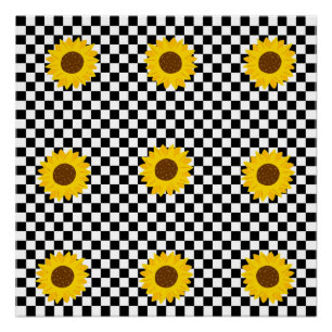 Black and White Sunflower Chequered Flower Pattern Poster
