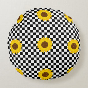 Black and White Sunflower Chequered Flower Pattern Round Cushion