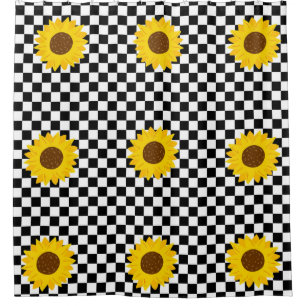 Black and White Sunflower Chequered Flower Pattern Shower Curtain