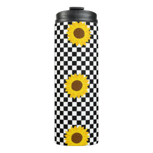 Black and White Sunflower Chequered Flower Pattern Thermal Tumbler